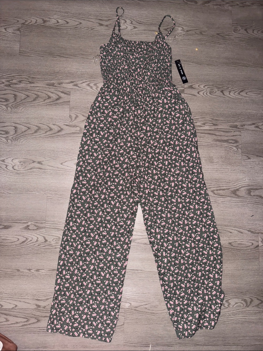 As U Wish Olive Floral Smocked Wide-Leg Jumpsuit